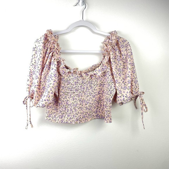 Pink Diamond Tops - NEW Pink Diamond Smocked Pink Floral Blouse Tie Sleeves Size XL